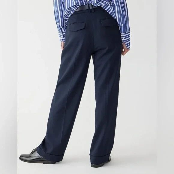 J. Crew Wide Leg Essential Pant Sz 10 Blue Wool Blend Pleated Cuffed Androgynous - Picture 1 of 15